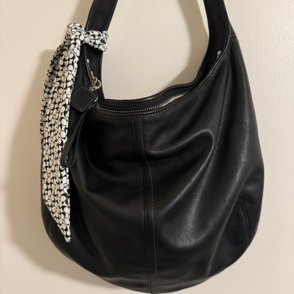NWOT Coach Leather Ergo Zip Hobo Bag with Monogram Scarf - Black